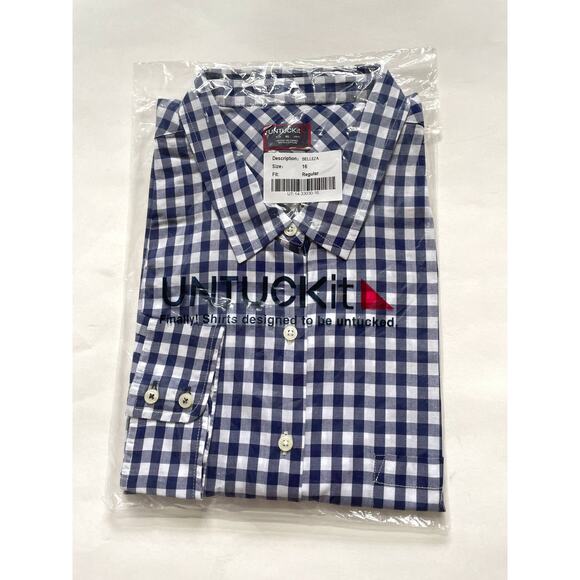 UNTUCKit Gingham Plaid Long Sleeve Button Down Shirt Navy Blue White Size 16 NEW - Picture 7 of 11